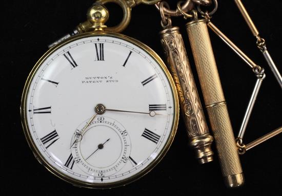 A Victorian 18ct gold keywind lever dress pocket watch by Geo. Sharp, London, albert & 2 other items.